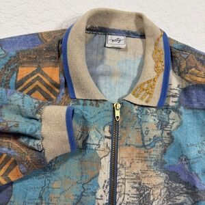 Vtg Natty World Map Print‎ 90s Zip Up Bomber Jacket Mens M Linen Blend USA Made